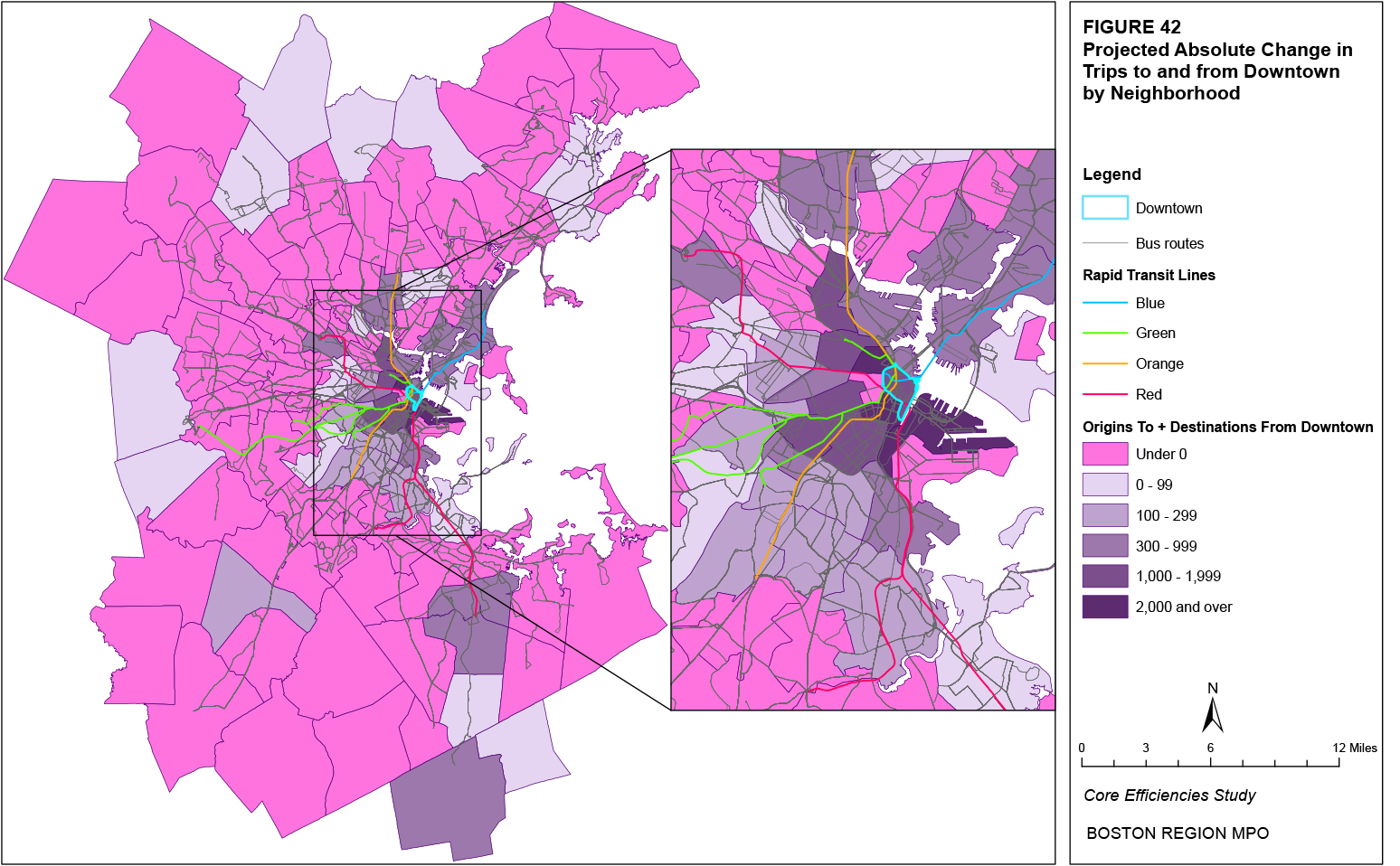 This map shows the projected absolute change in trips to and from the Downtown neighborhood by neighborhood.